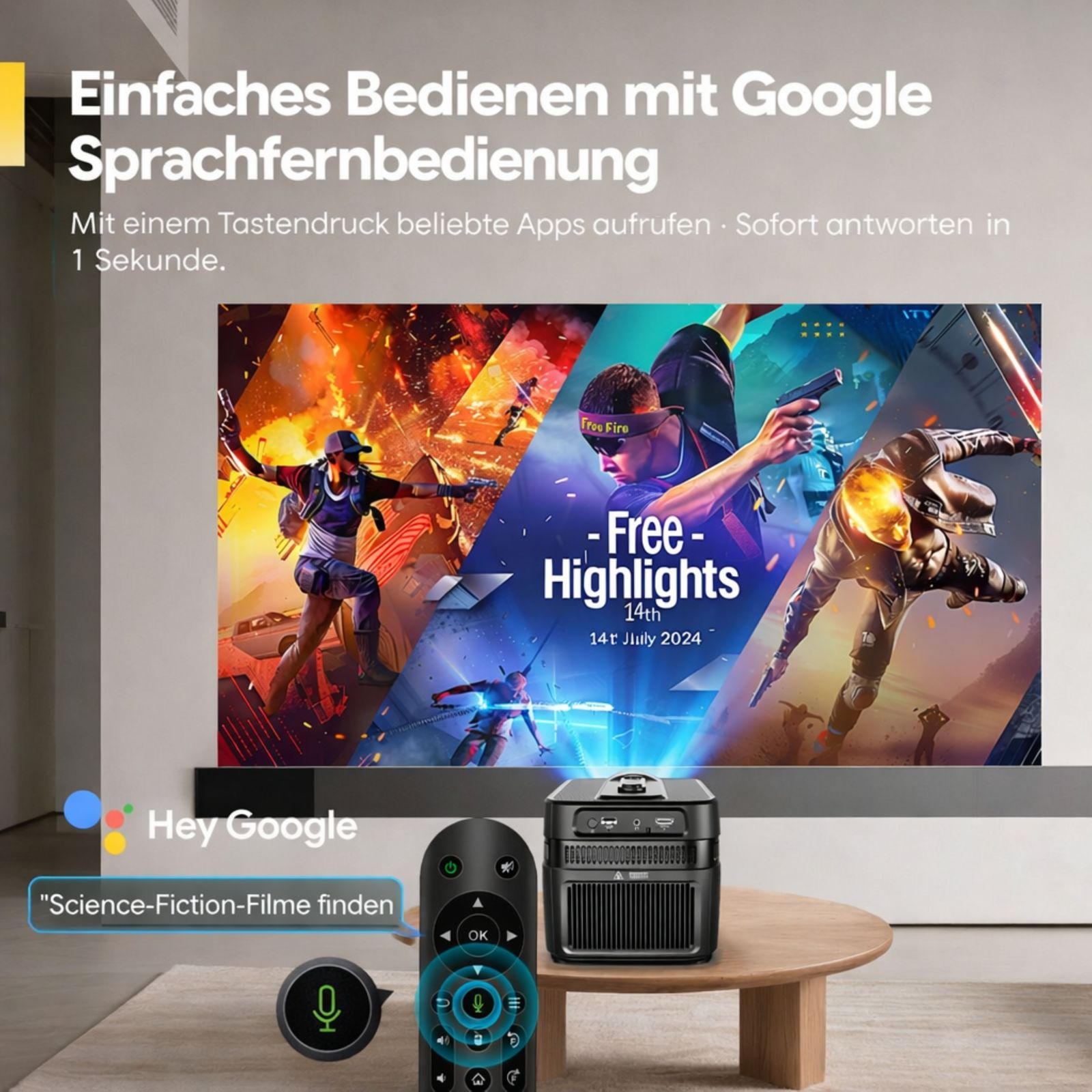 Projektor mit Fernbedienung und Bildschirm mit Spielszene. Google-Steuerung.
