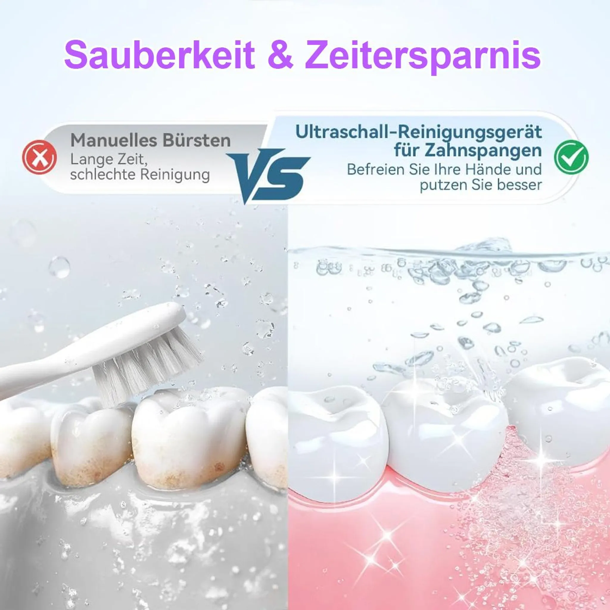 Links: manuelles Zähneputzen mit Bürste und schmutzigen Zähnen. Rechts: Ultraschallreiniger für saubere Zähne.