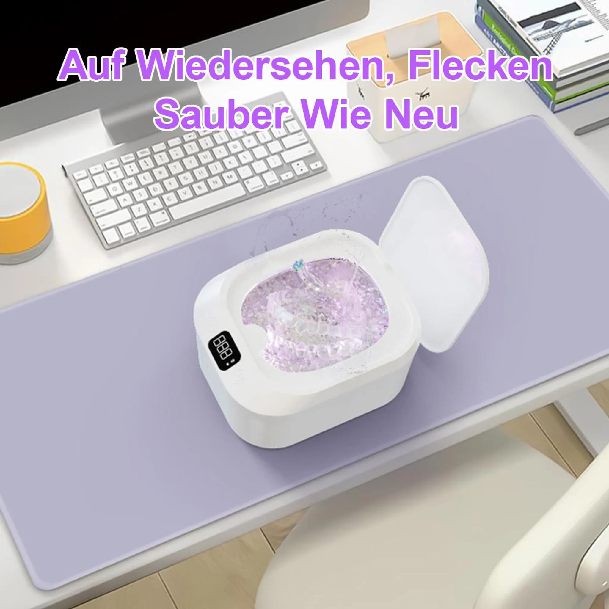 Ein weißer Reiniger mit Deckel und digitaler Anzeige, der Ringe reinigt.