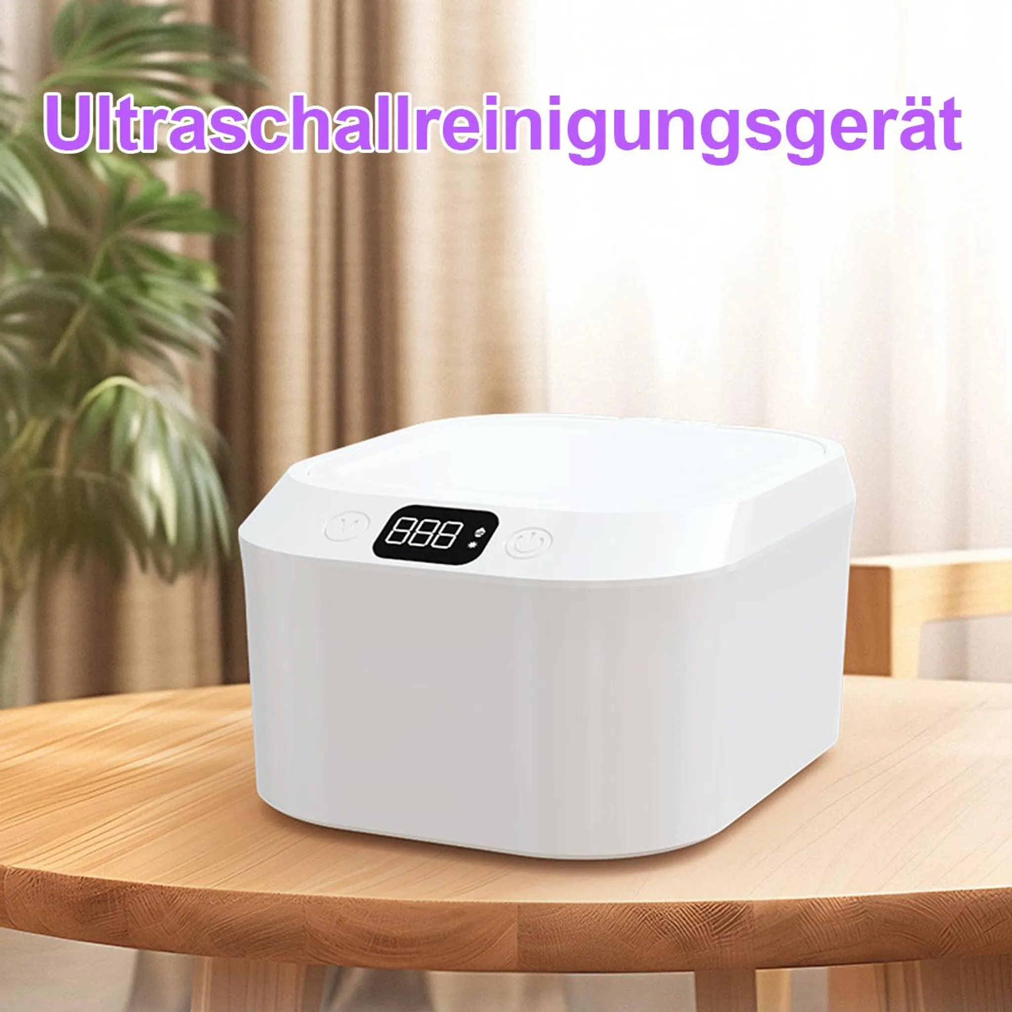 Ein weißes Ultraschallreinigungsgerät mit digitaler Anzeige auf einem Holztisch.