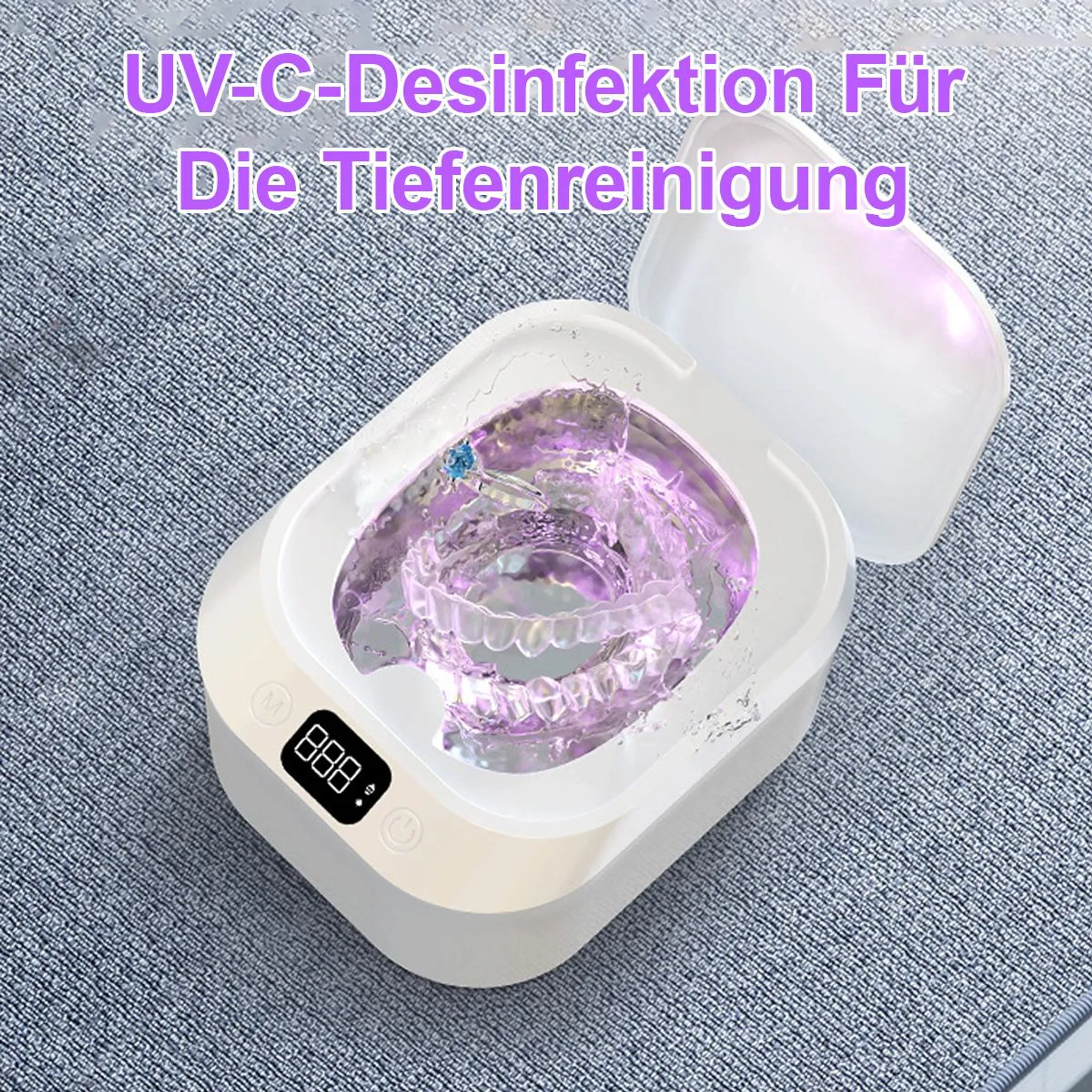 Ein Reinigungsgerät mit transparenter Flüssigkeit und Zahnspangen darin.