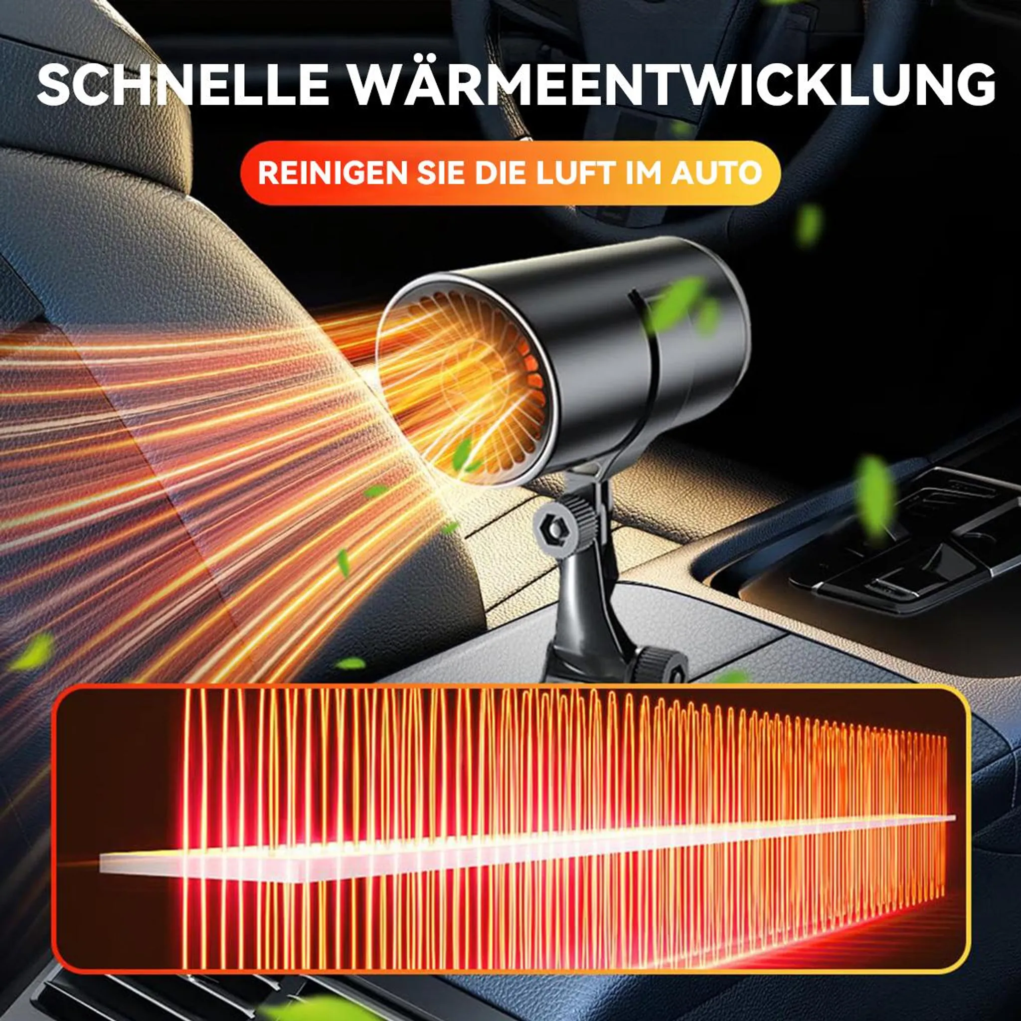Ein schwarzer Auto-Lufterhitzer mit orangem Lichtstrahl auf Leder.