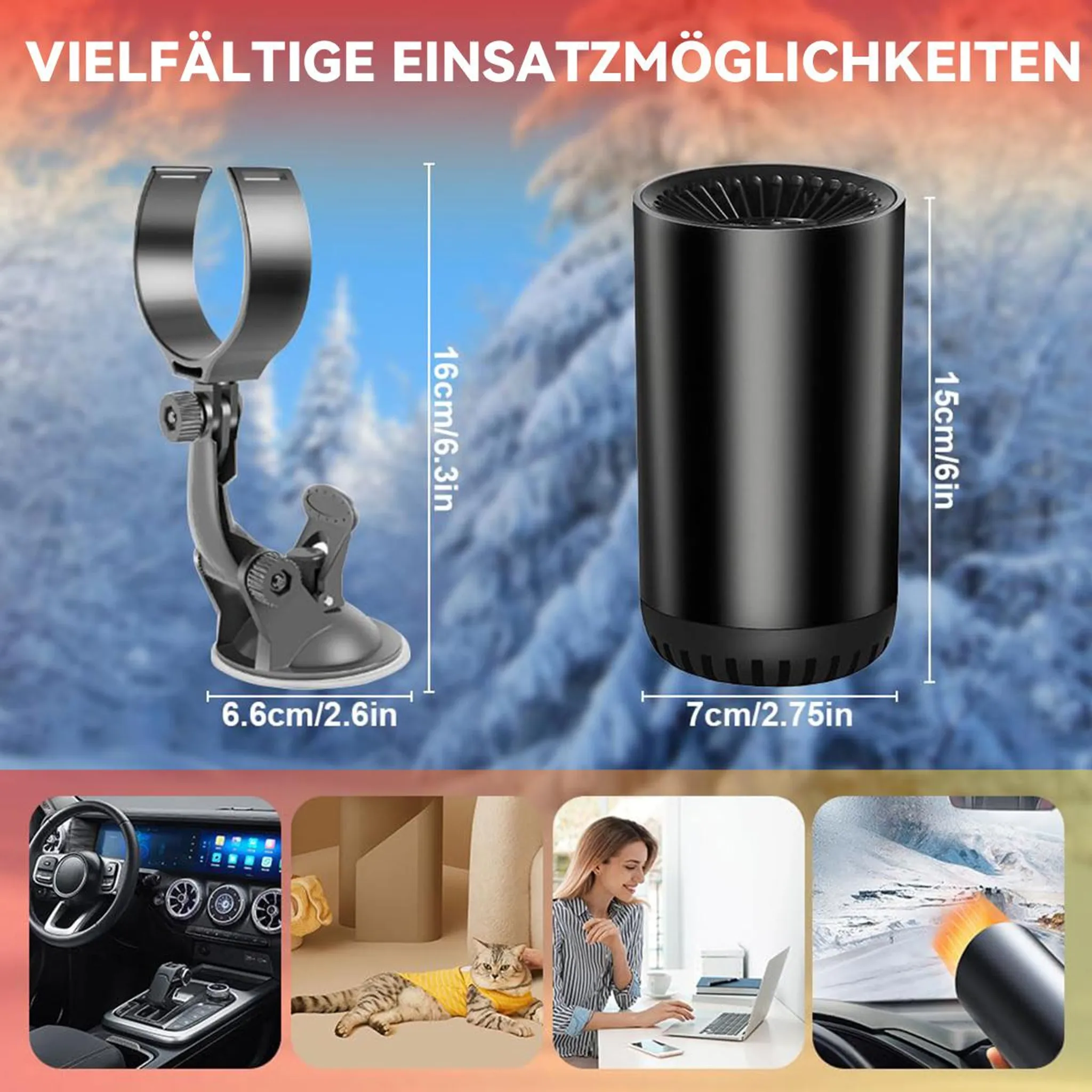 Ein schwarzer Autolüfter neben einem Halter im Schnee.