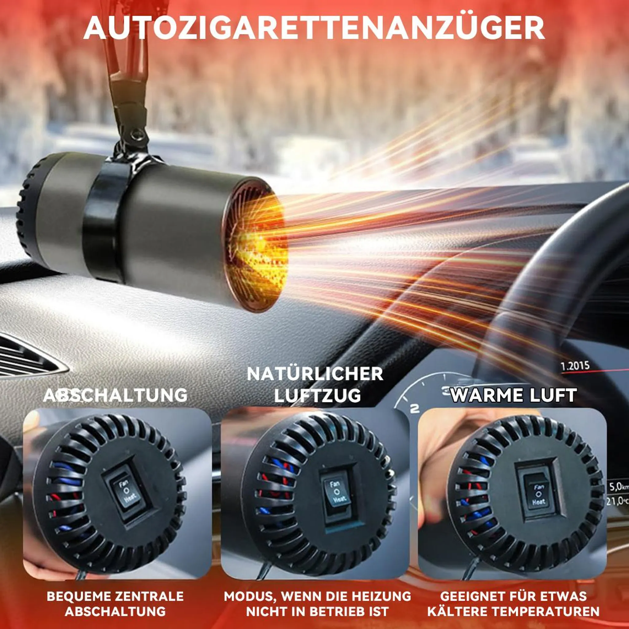 Ein Auto-Luftheizer mit drei Modi: Abschaltung, natürlicher Luftzug und warme Luft.