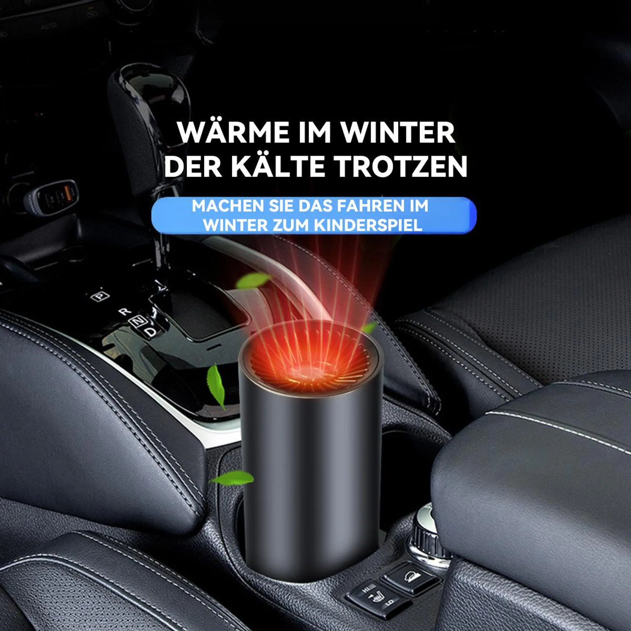 Ein schwarzer Heizlüfter im Auto neben dem Schalthebel mit roten Glühfäden.