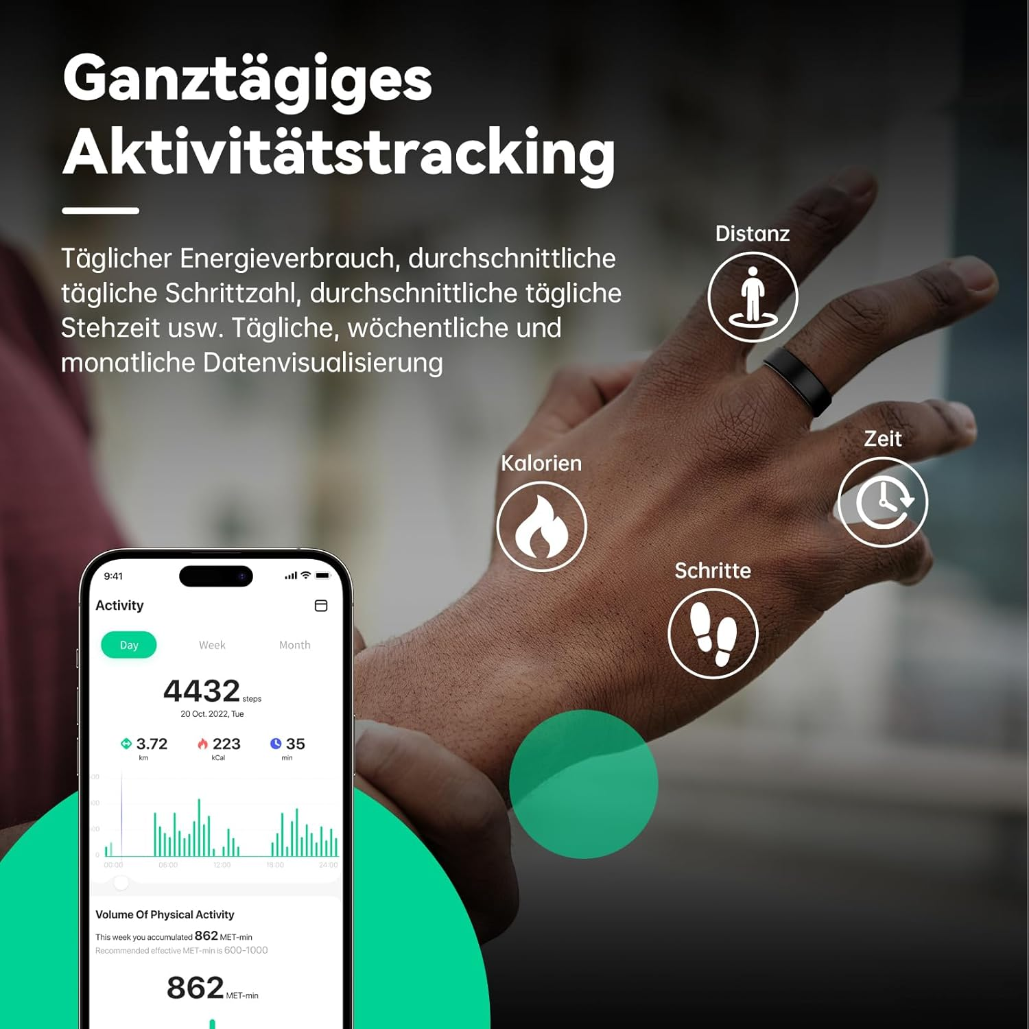 Bildschirm eines Smartphones zeigt Aktivitätsdaten, daneben eine Hand mit Aktivitätsringen.