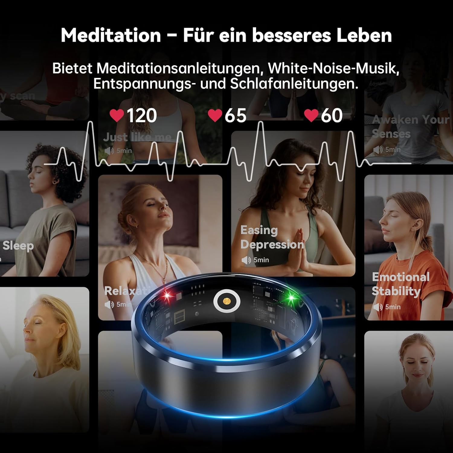 Collage zeigt Frauen in Meditationshaltung, einen Ring und Text über Meditation.