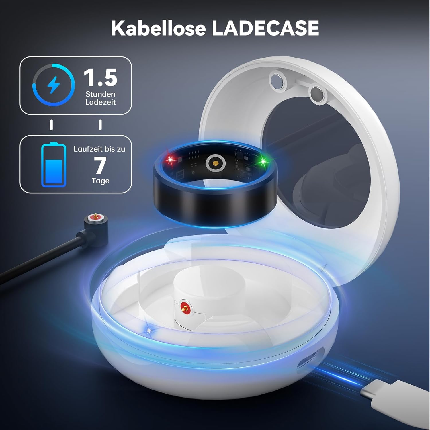 Kabellose Ladehülle mit Ring, Ladezeit 1,5 Std., Laufzeit 7 Tage.