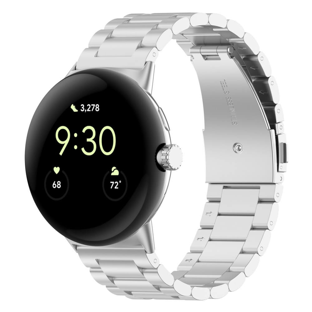 Montre connectée argentée avec écran noir affichant 9h30, 68 et 72 degrés.