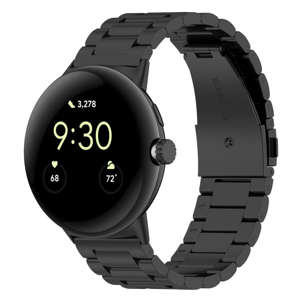 Une montre connectée noire avec bracelet métallique affiche 9:30, 3 278 pas, 68 cœurs et 72 degrés.