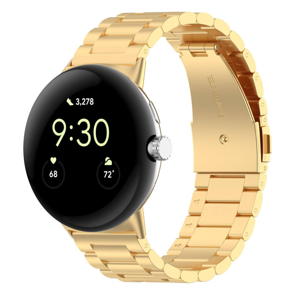 Montre connectée dorée avec écran noir affichant 9h30.