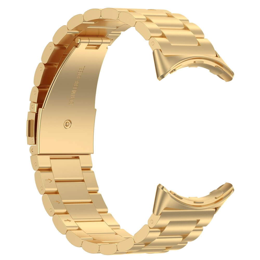 Bracelet de montre en acier inoxydable doré avec maillons et fermoir.