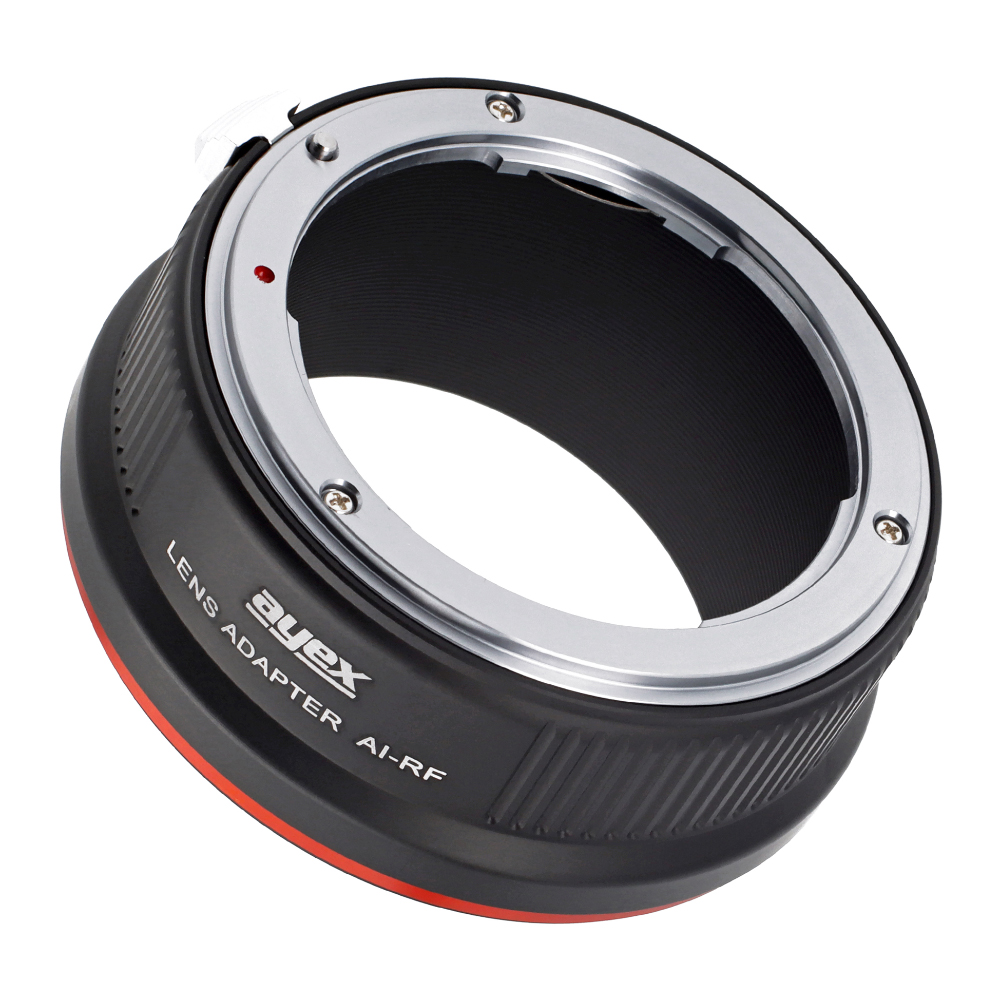 Ein schwarzer Objektivadapter mit silbernen Zierleisten und roten Akzenten. Text: 'ayex LENS ADAPTER AI-RF'.