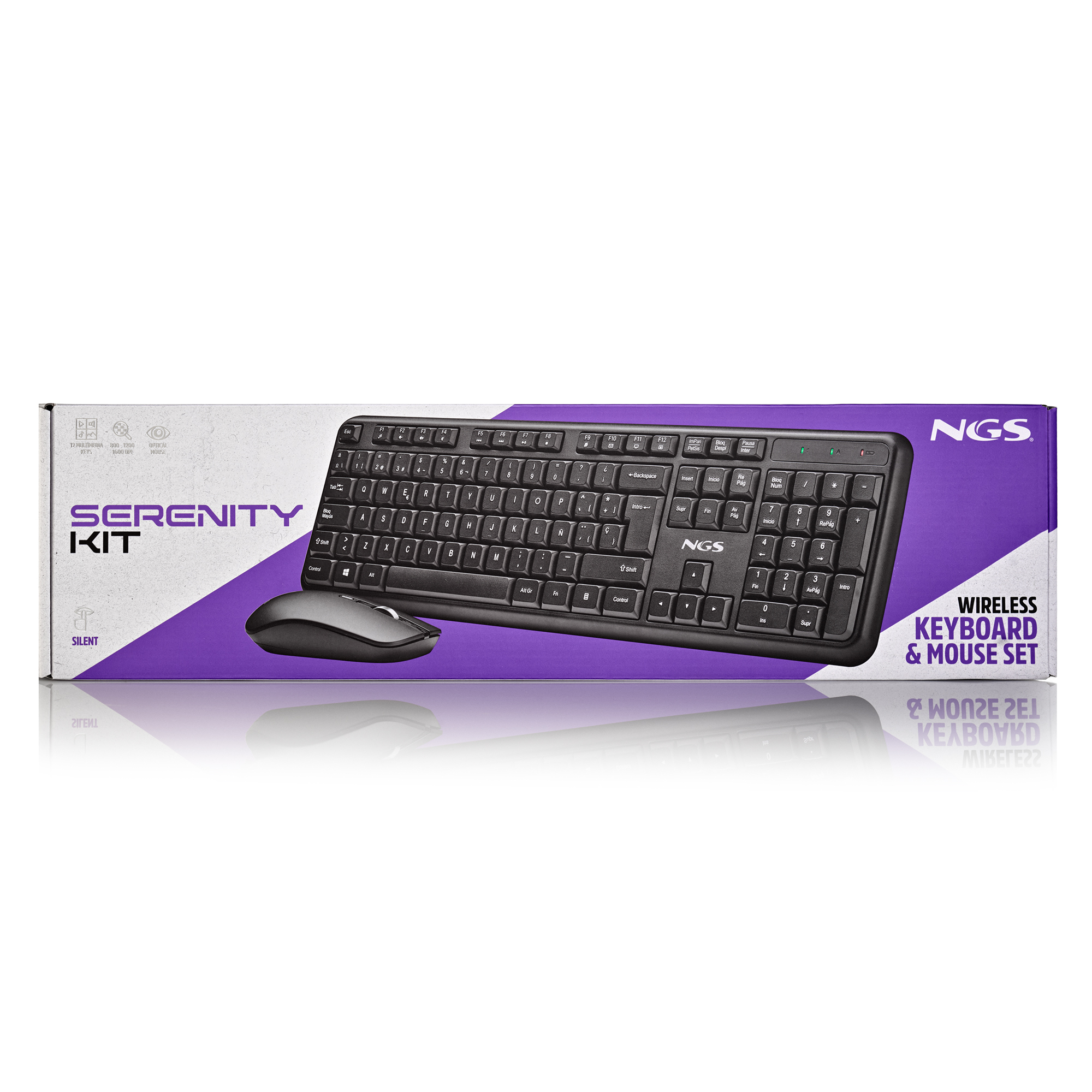 Tastiera e mouse neri in confezione etichettata 'Serenity Kit'.