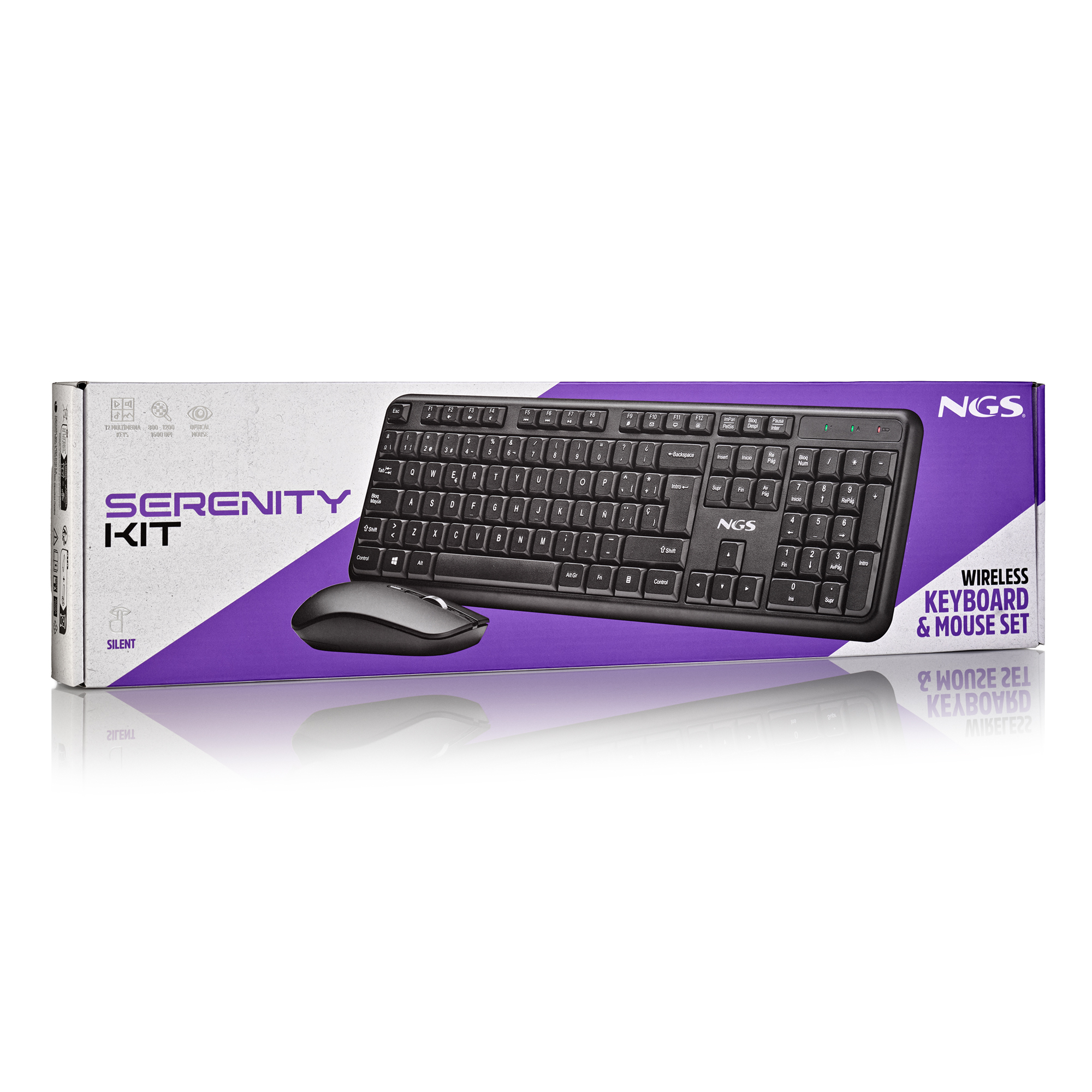 Confezione di un set wireless di tastiera e mouse NGS nero con accenti viola.