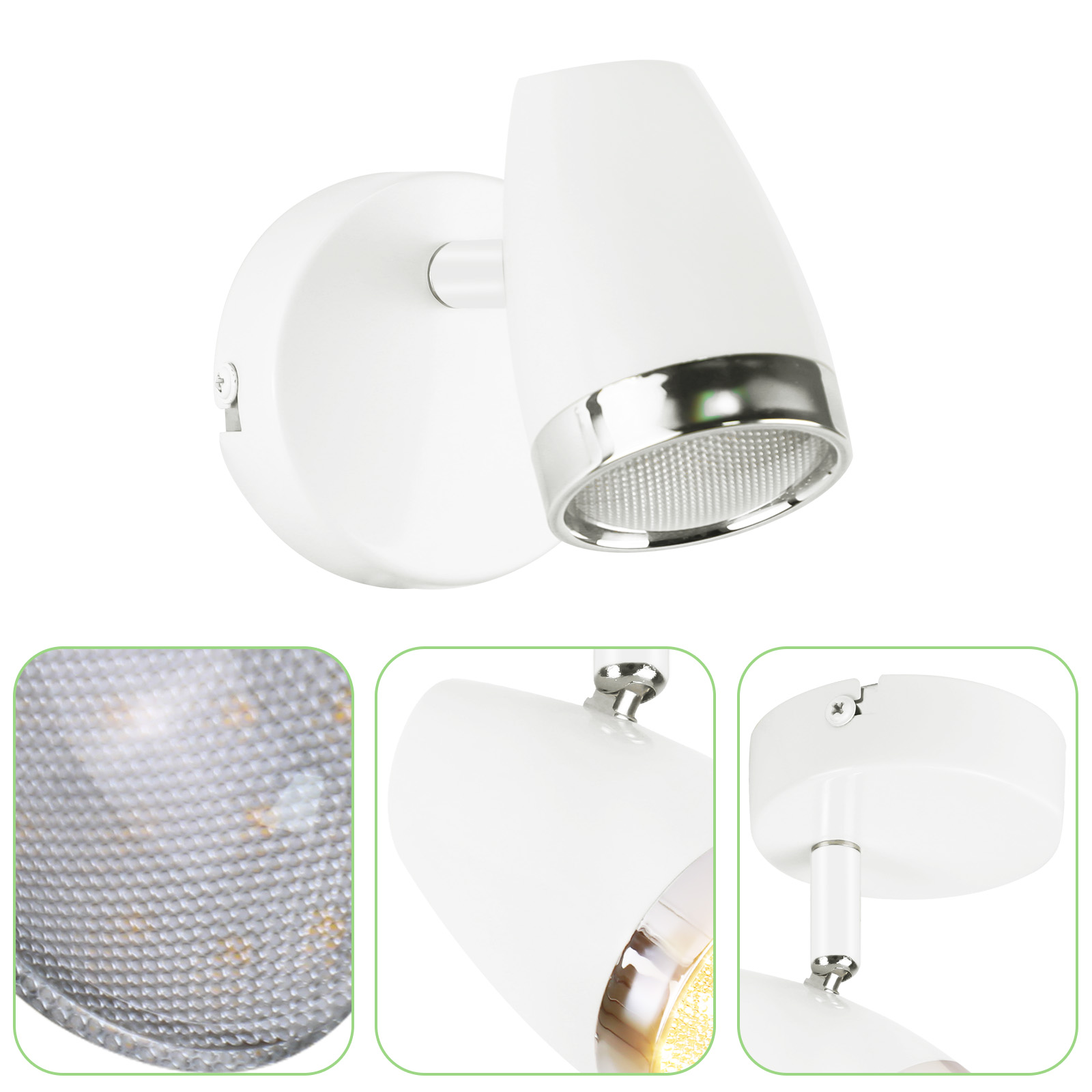 Lampada da parete bianca con anello argentato e luce LED.
