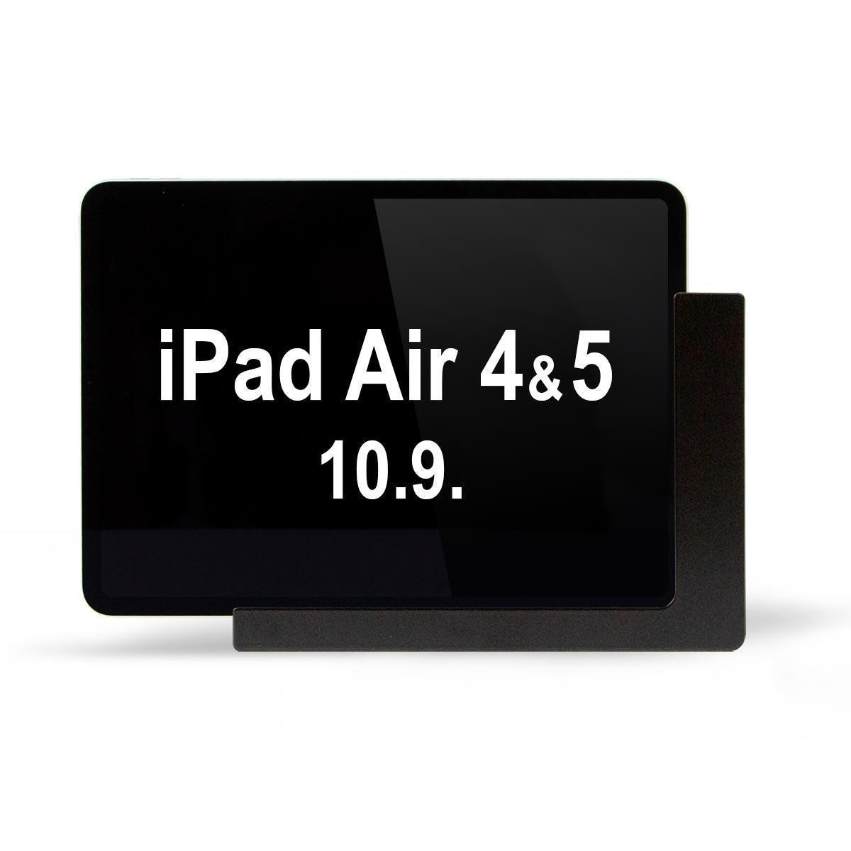 Ein schwarzes iPad Air 4 & 5 steht auf einem Ständer. Text: 10.9.