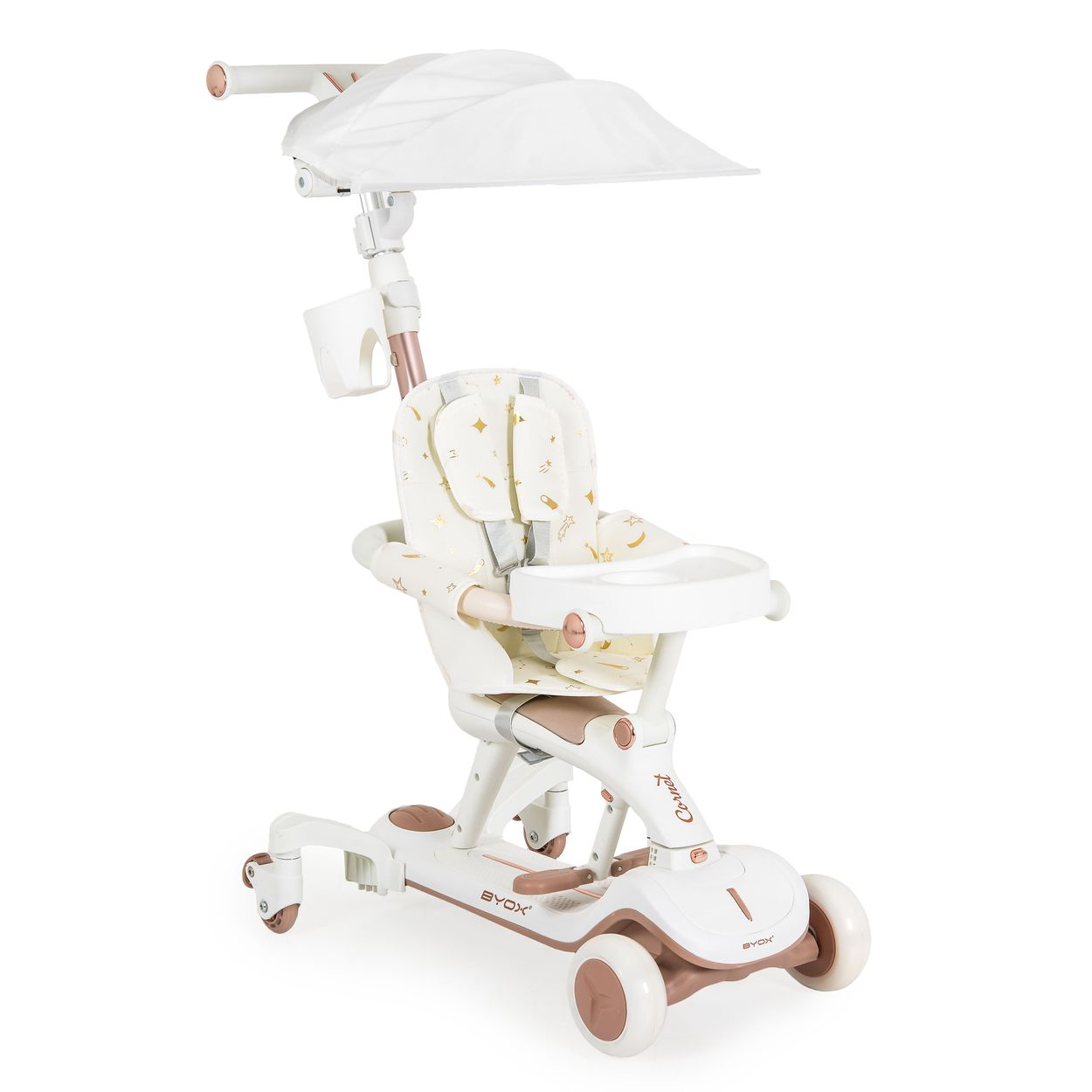 Ein weißer Kinderwagen/Roller mit Sternenmuster und Sonnendach.