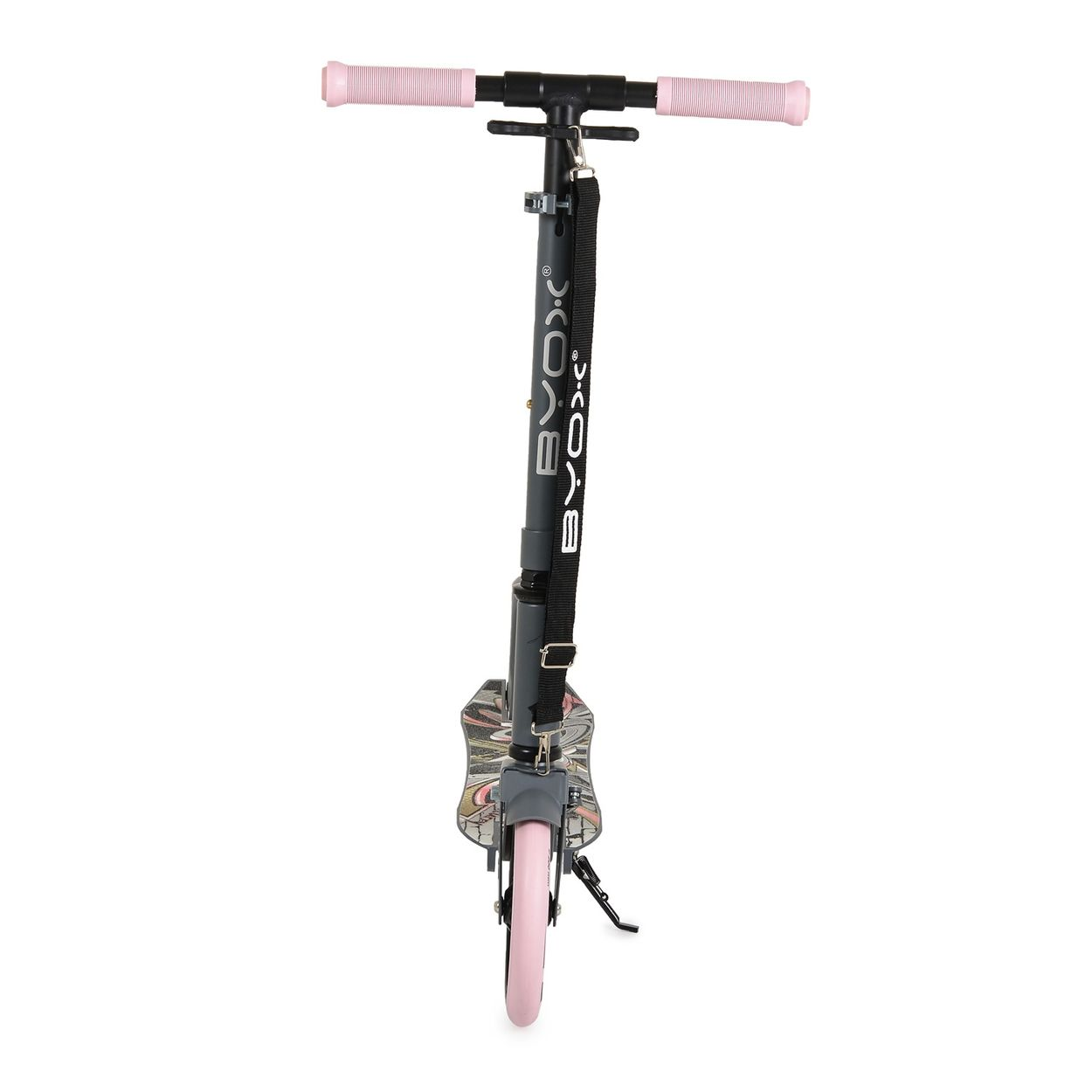 Ein grauer Roller mit rosa Griffen und Rädern, mit einem Tragegurt.