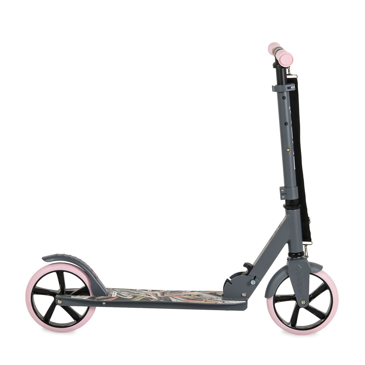Grauer Roller mit rosa Rädern und Griffen, weißer Hintergrund.