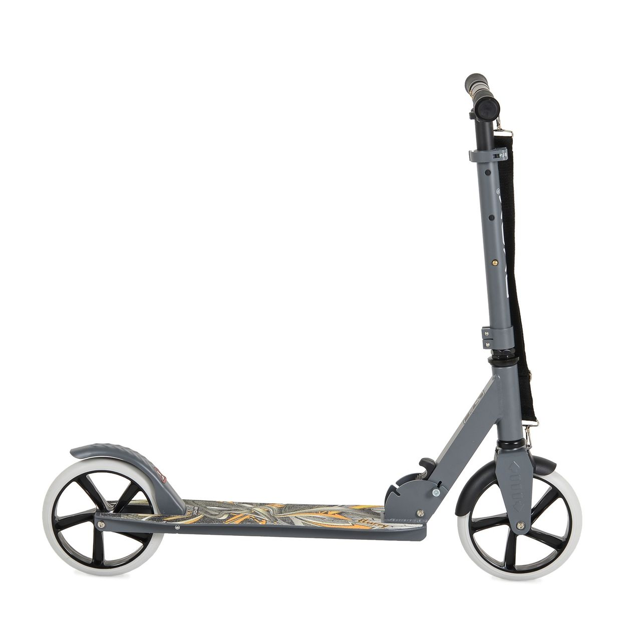 Ein grauer Roller mit schwarzen Rädern und einem auffälligen Muster auf dem Trittbrett.