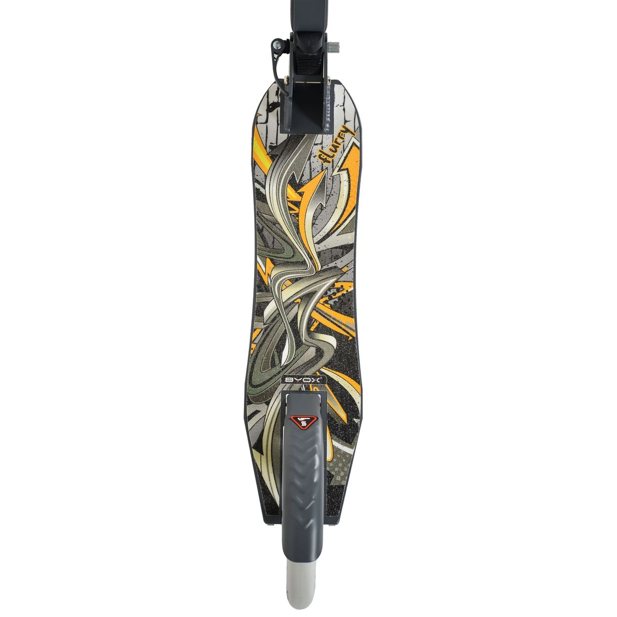 Ein Rollerdeck mit Graffiti-Design in Orange, Grau und Schwarz. Mit Lenkerhalterung.