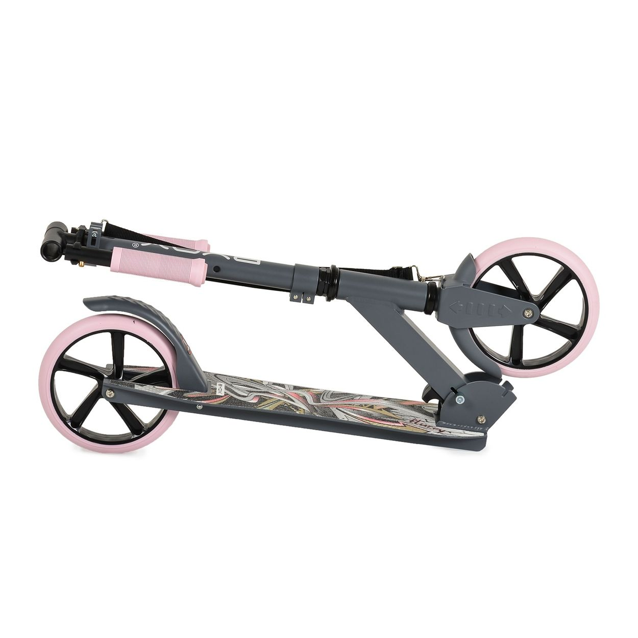 Grauer Roller mit pinken Griffen und Rädern, bunter Trittfläche.