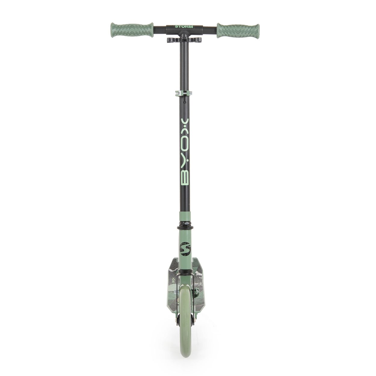 Ein grüner Roller mit schwarzem Lenker und Griffen. Beschriftung BYOX.