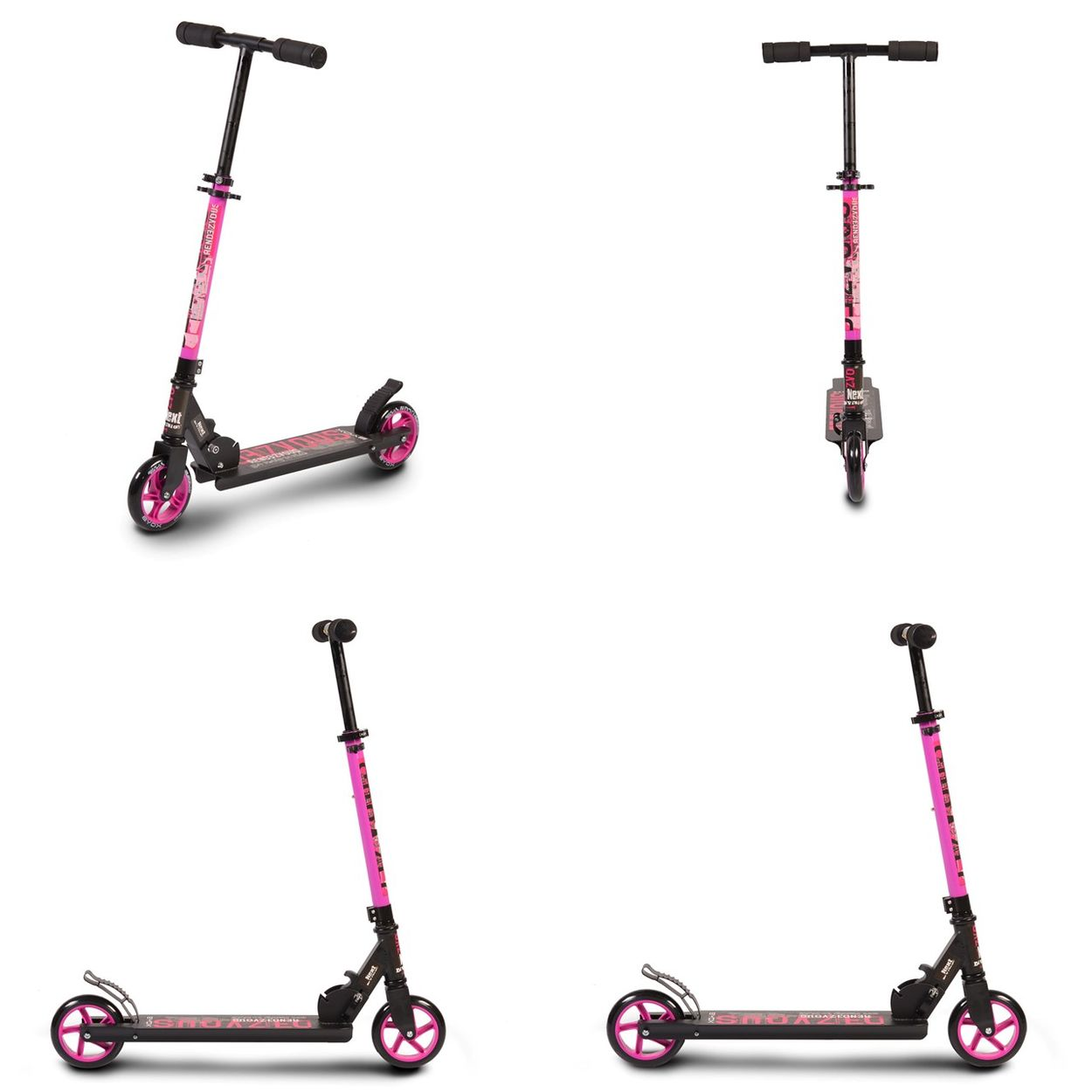 Ein pinker Roller mit schwarzen Griffen und Rädern auf weißem Hintergrund.