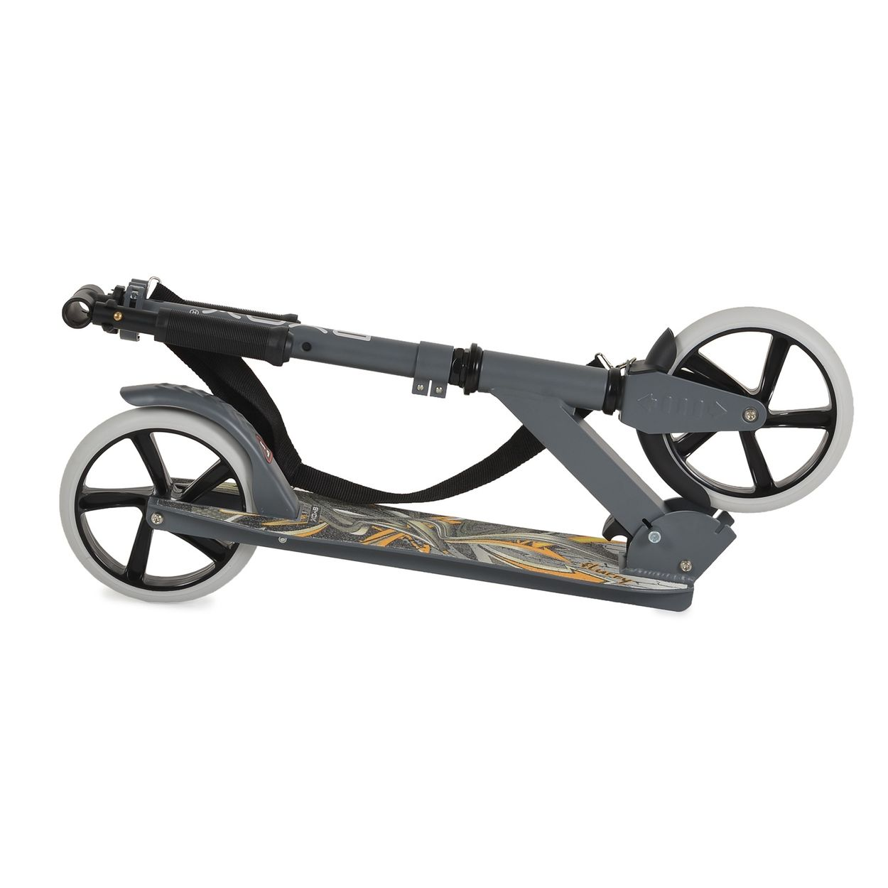 Grauer Roller mit schwarzem Lenker, weißem Rad und gemustertem Trittbrett.