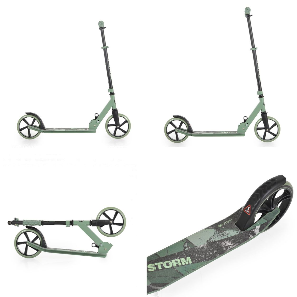 Ein grüner Roller mit schwarzen Rädern und Griffen, auf weißem Hintergrund.