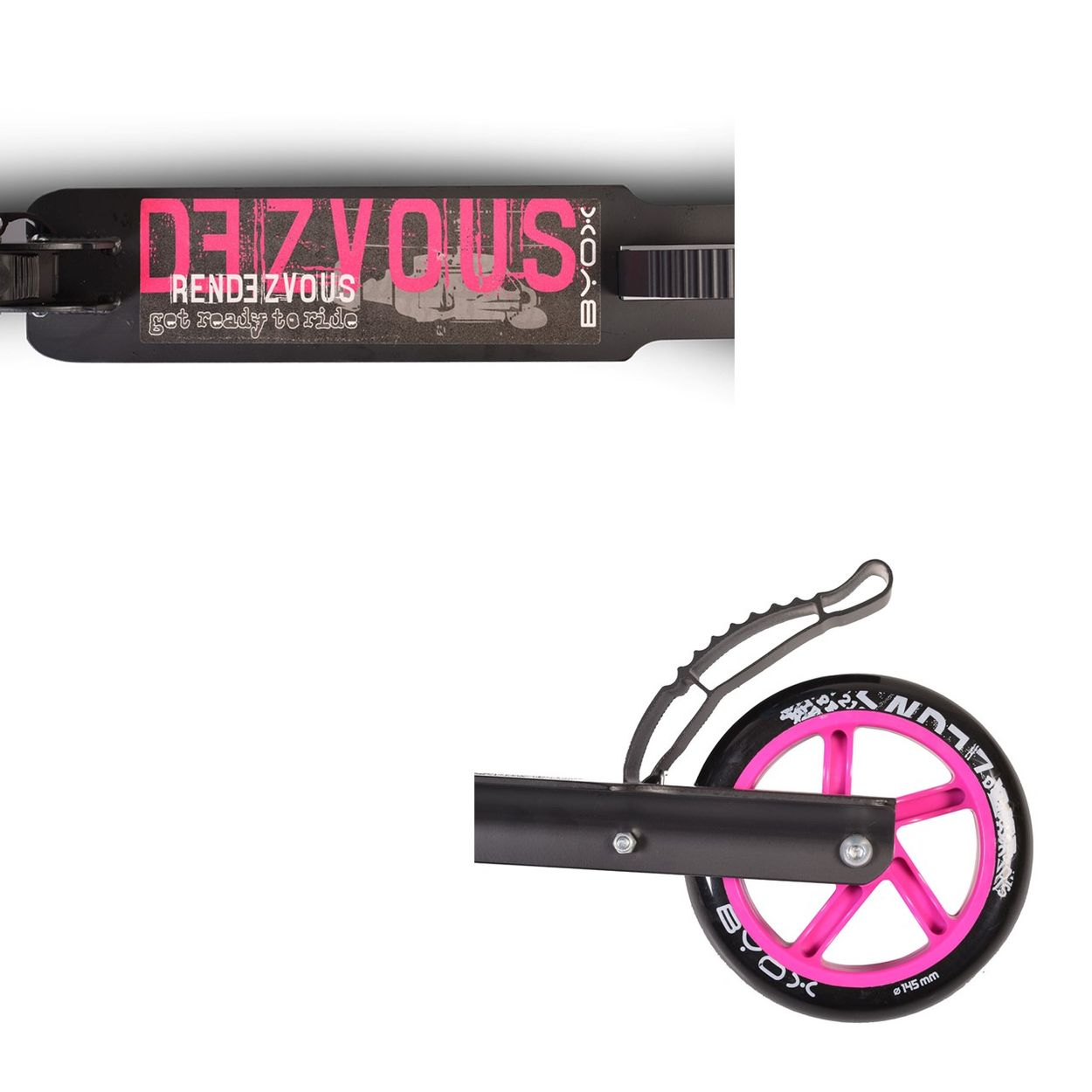 Ein schwarzer Rollerdeck mit rosa Schriftzug "RENDEZVOUS" und ein pinkes Rad.
