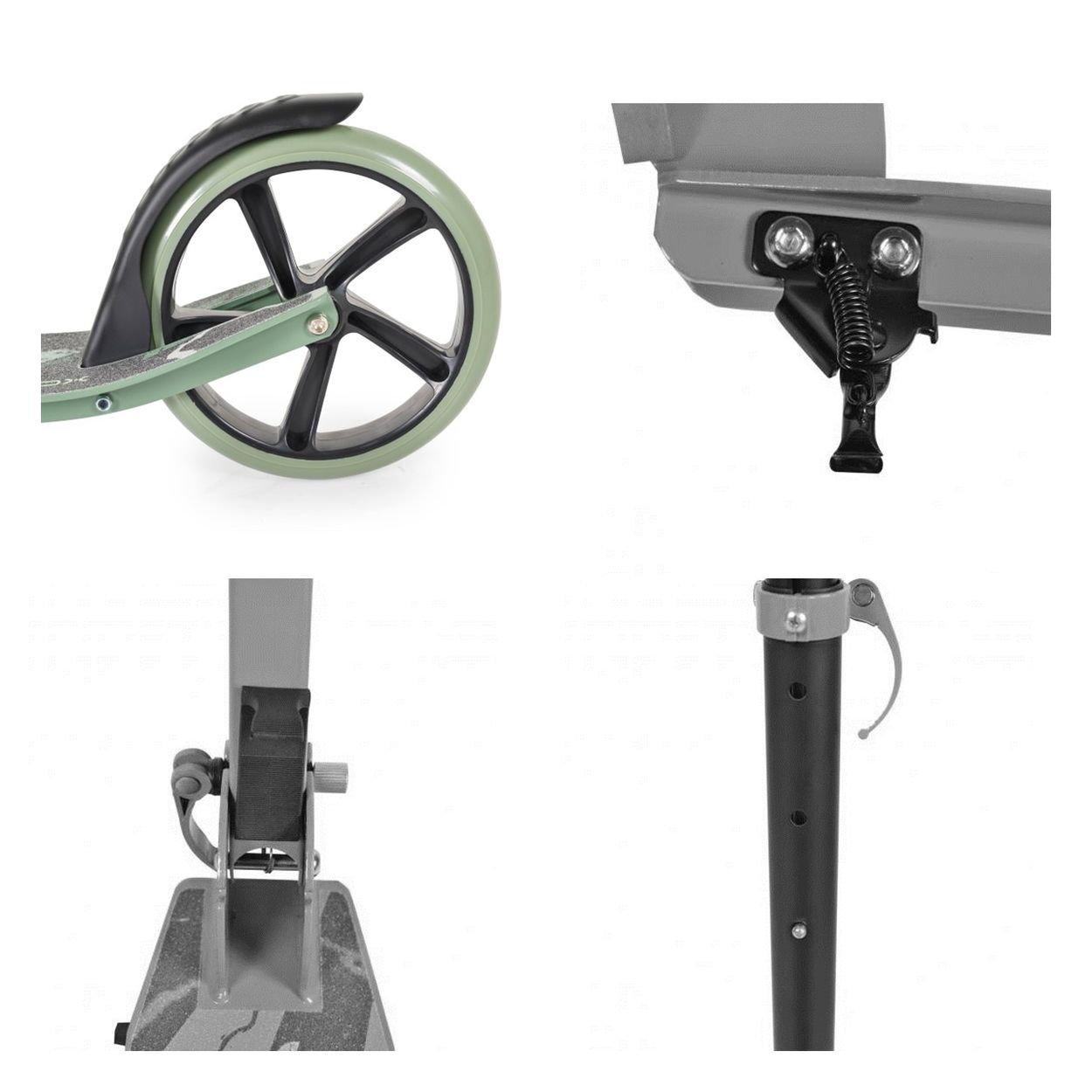 Detailansichten eines Rollers: Rad, Ständer, Klappmechanismus und Griffstange.