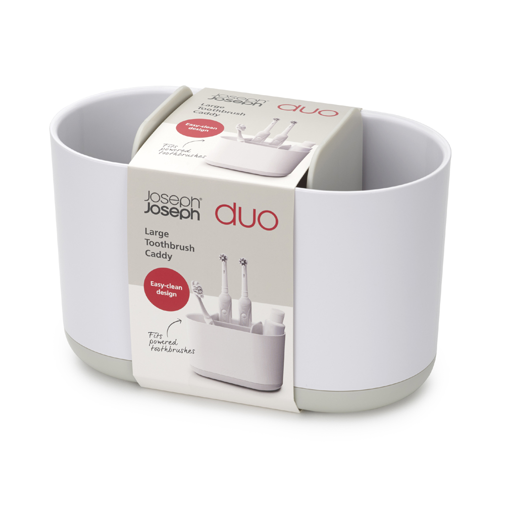 Portacepillos de dientes blanco Joseph Joseph Duo con base gris y embalaje.
