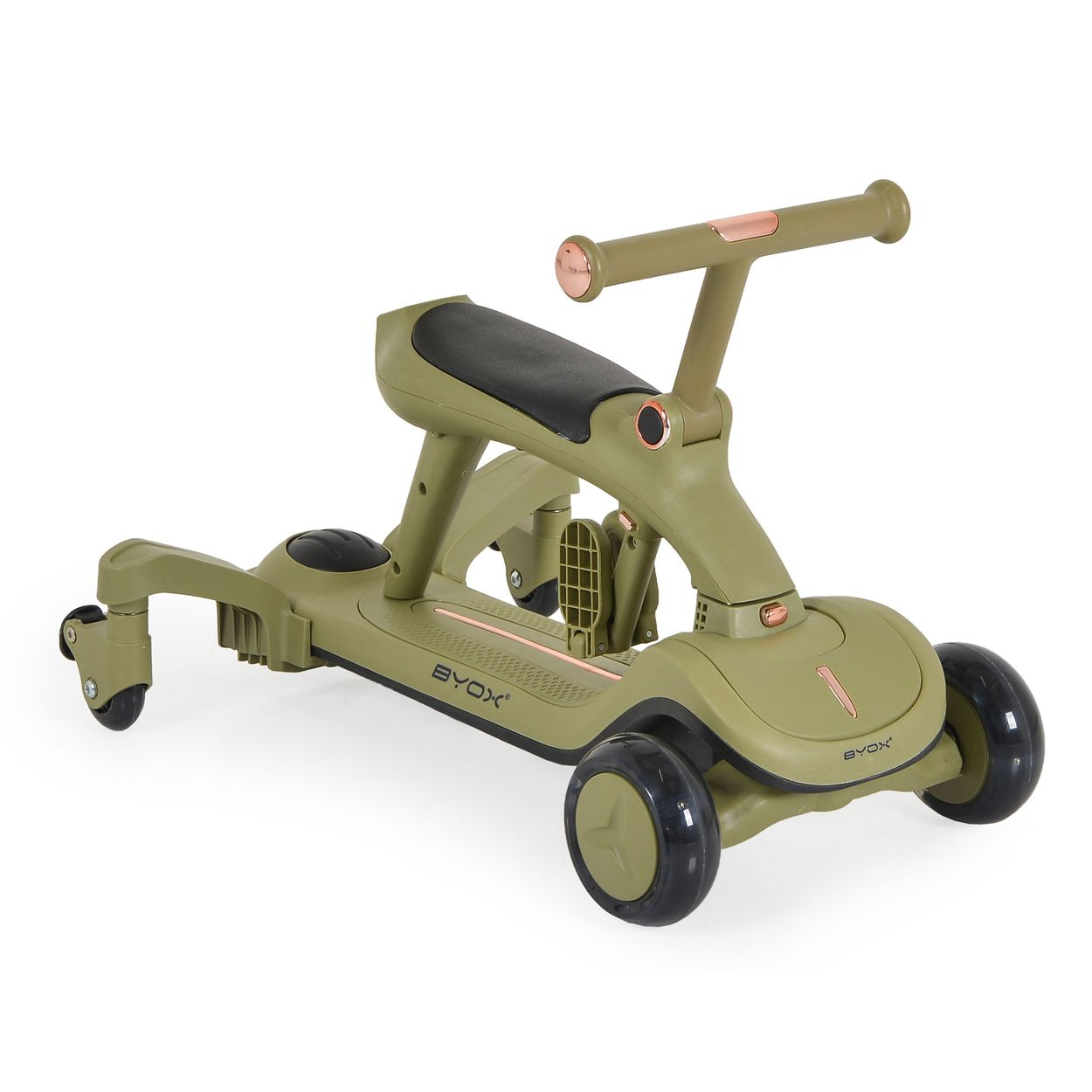 Ein grünes Kinderfahrzeug mit vier Rädern, Sitz und Lenker.