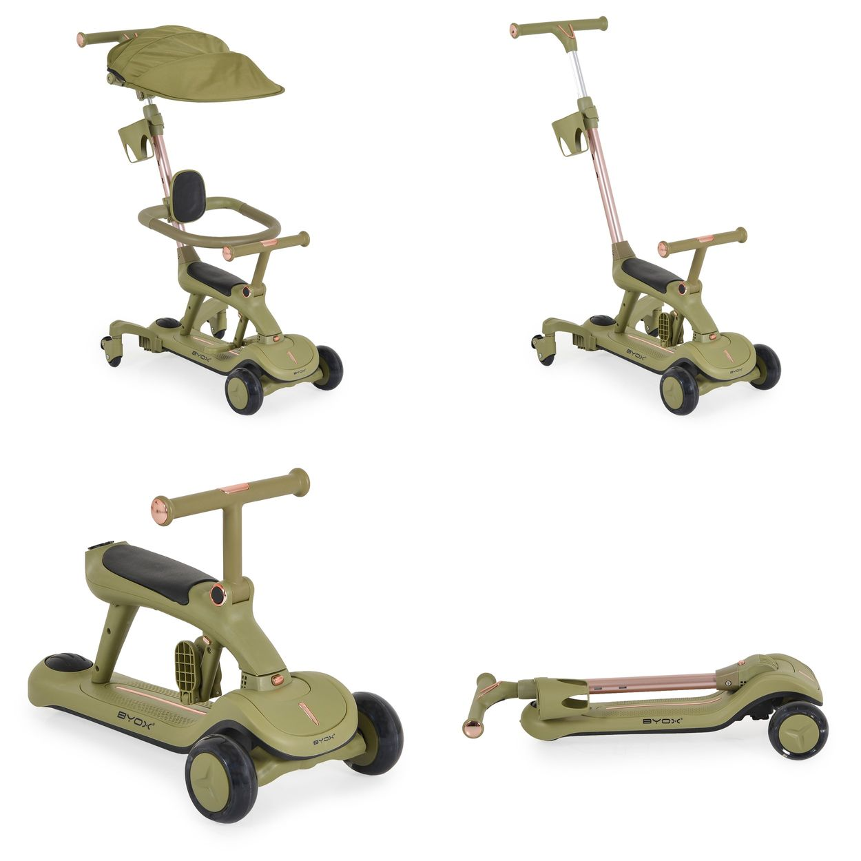 Grüner Kinderroller mit Verdeck, Schiebestange und Sitz.