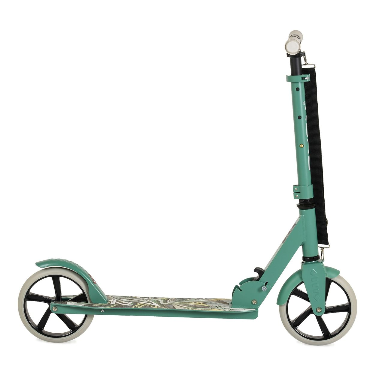 Ein türkisfarbener Roller mit schwarzen Rädern und Griffen.