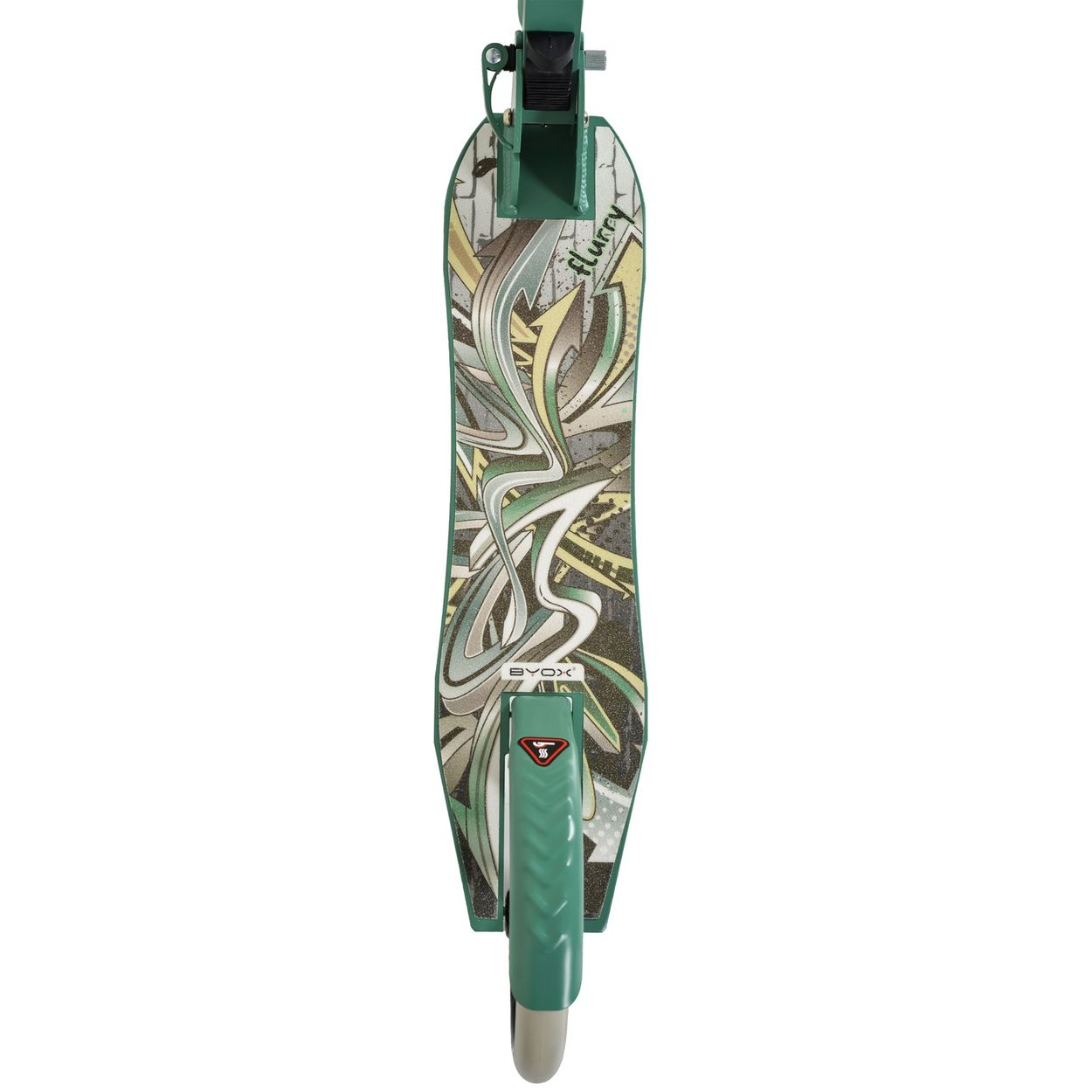 Grüner Roller mit Graffiti-Design auf dem Trittbrett.
