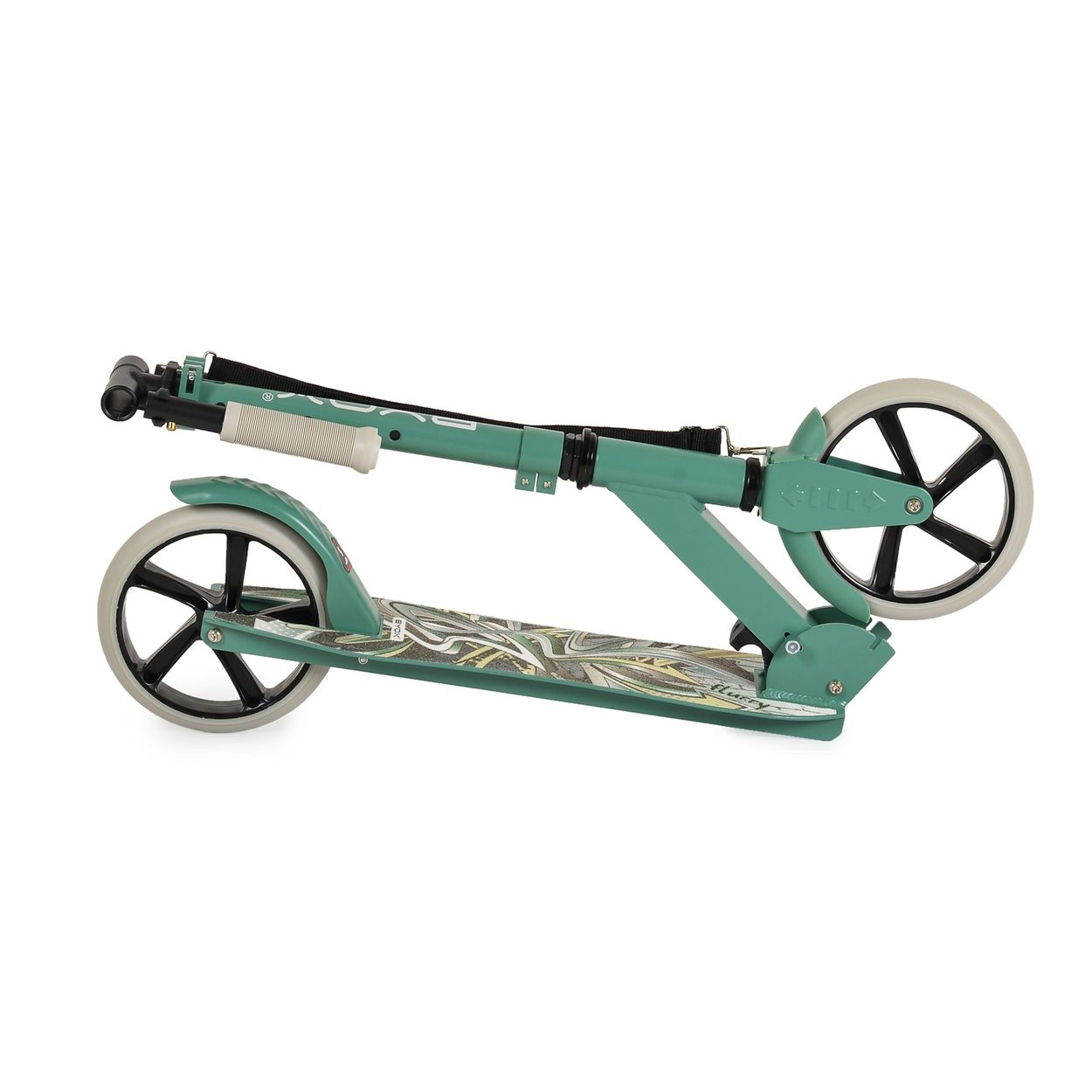 Ein türkisfarbener Roller mit zwei Rädern und einem Griff, der zum Tragen dient.