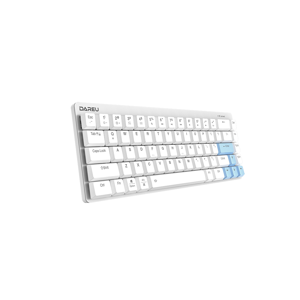 Mavi tuşlu, QWERTY düzeninde beyaz bir klavye.