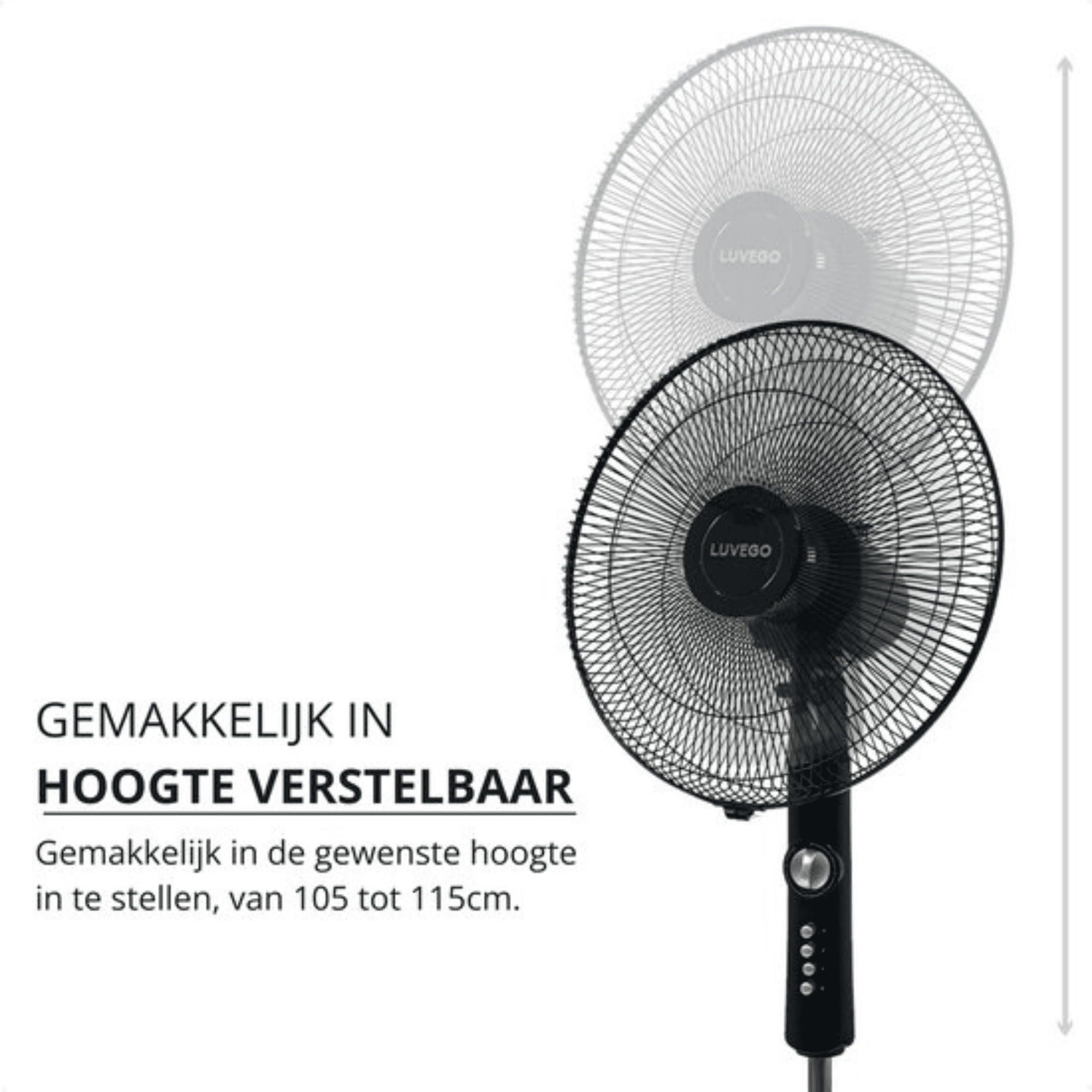 Ein schwarzer Standventilator mit verstellbarer Höhe von 105-115cm.