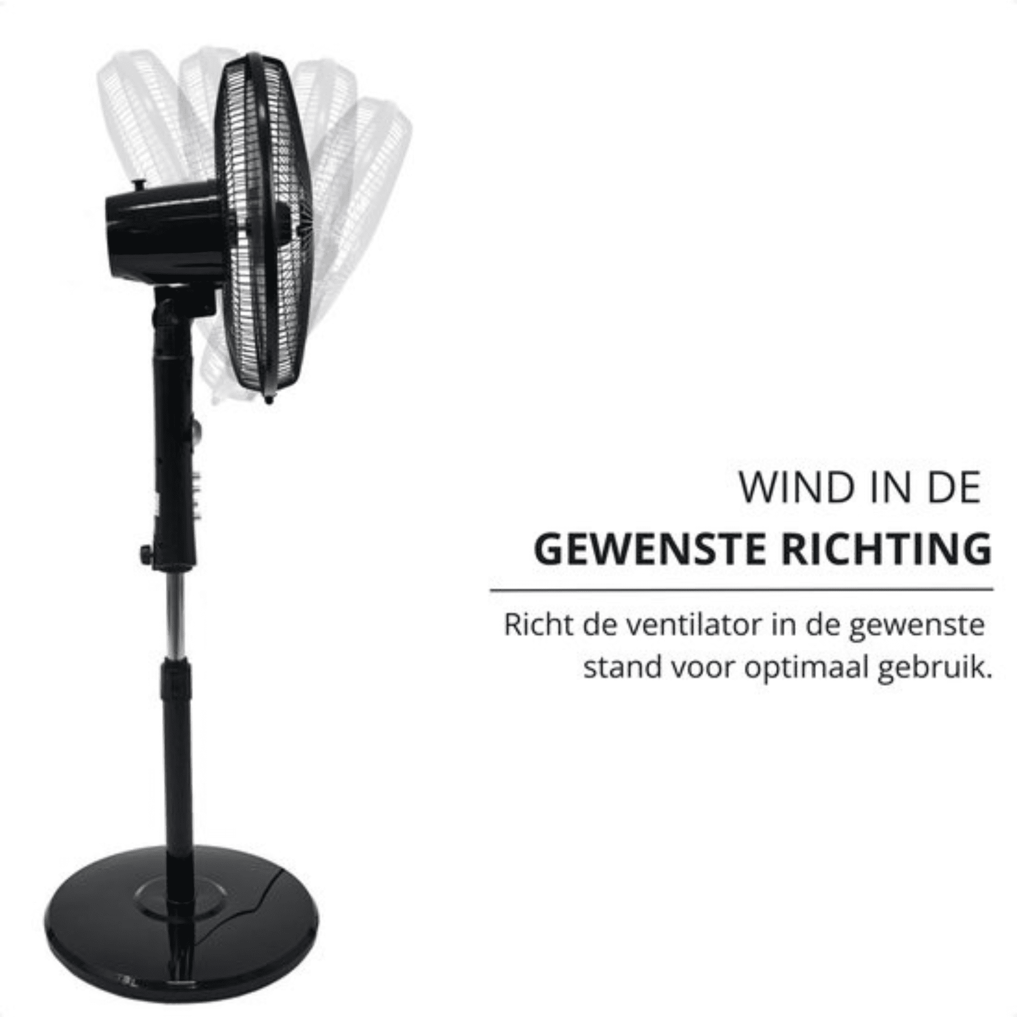 Ein schwarzer Standventilator mit schwenkbarem Kopf.
