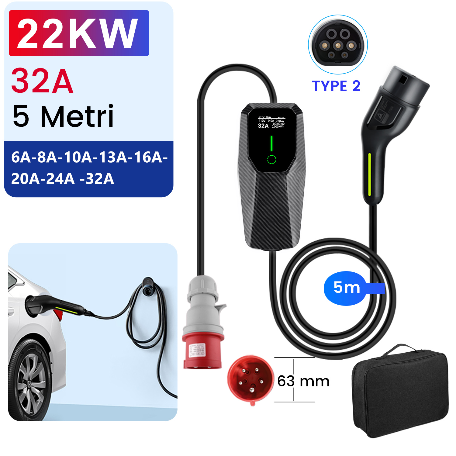 Caricabatterie EV: 22KW, 32A, cavo 5m, spina Tipo 2, con borsa.