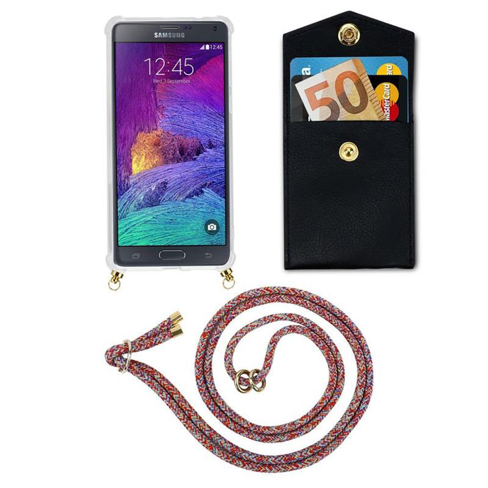 Ein Smartphone mit Hülle, Geldbörse mit Geld und Karten, und eine bunte Kordel.