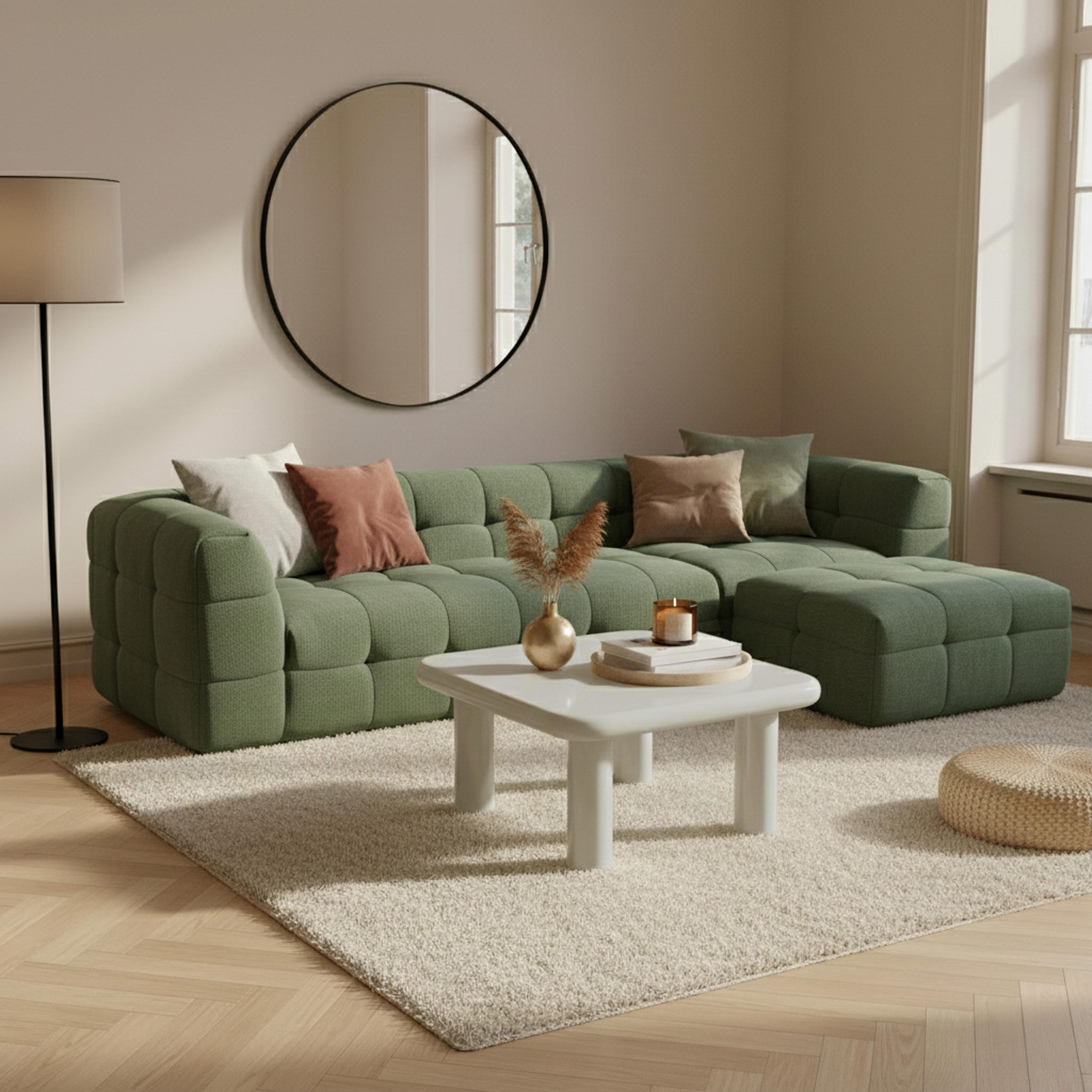 Grünes Sofa mit Kissen, Couchtisch, Lampe und Spiegel.