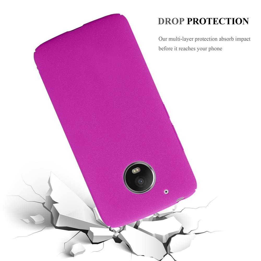 Una cover viola per telefono che sfonda il suolo bianco.