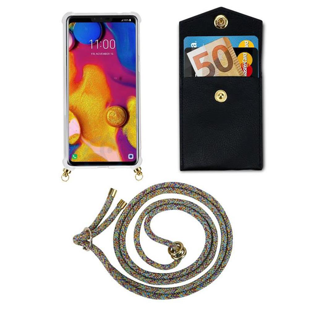 Smartphone mit Hülle, Portemonnaie mit Geld und Karte, geflochtene Schnur.