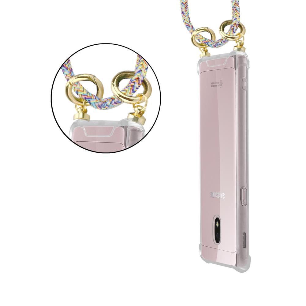 Uno smartphone rosa con cordino intrecciato e hardware dorato, mostrato attaccato.