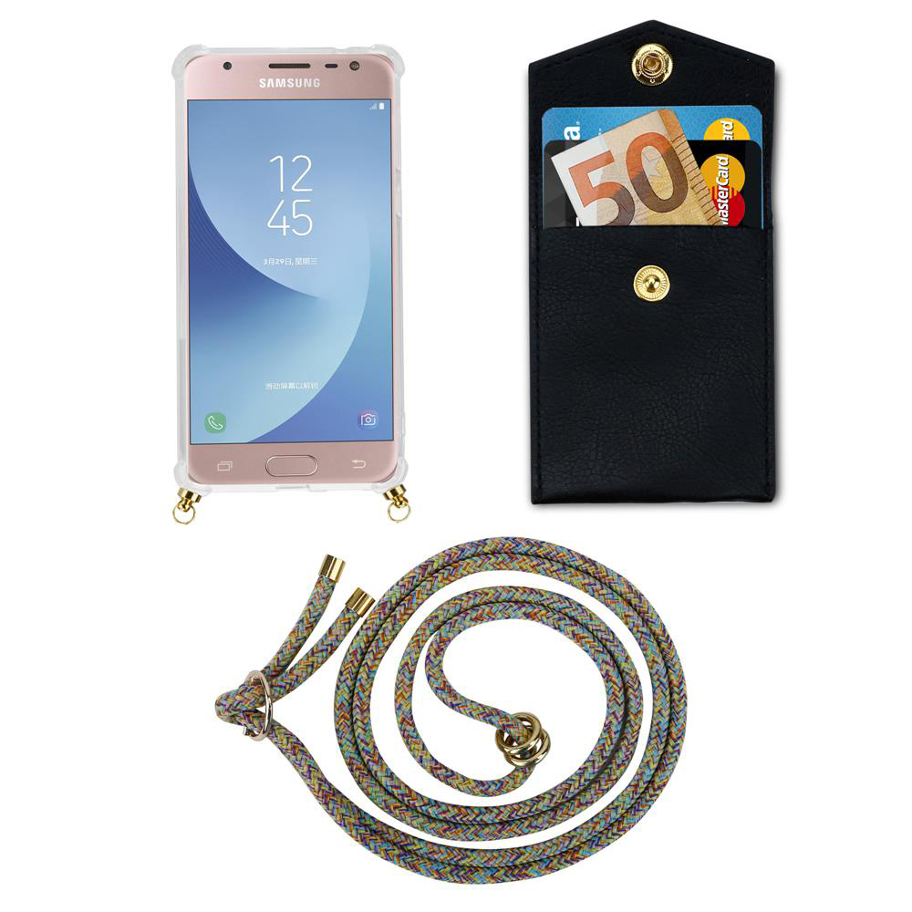 Un telefono Samsung rosa con custodia, un portafoglio nero con carte e contanti, e un cinturino colorato.