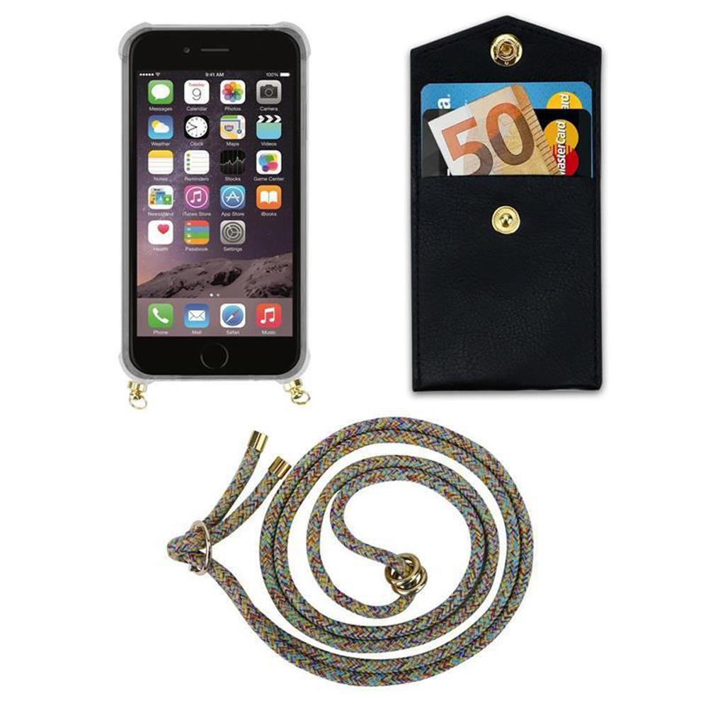 iPhone con custodia, porta carte nero con banconota euro e carte, laccetto colorato.